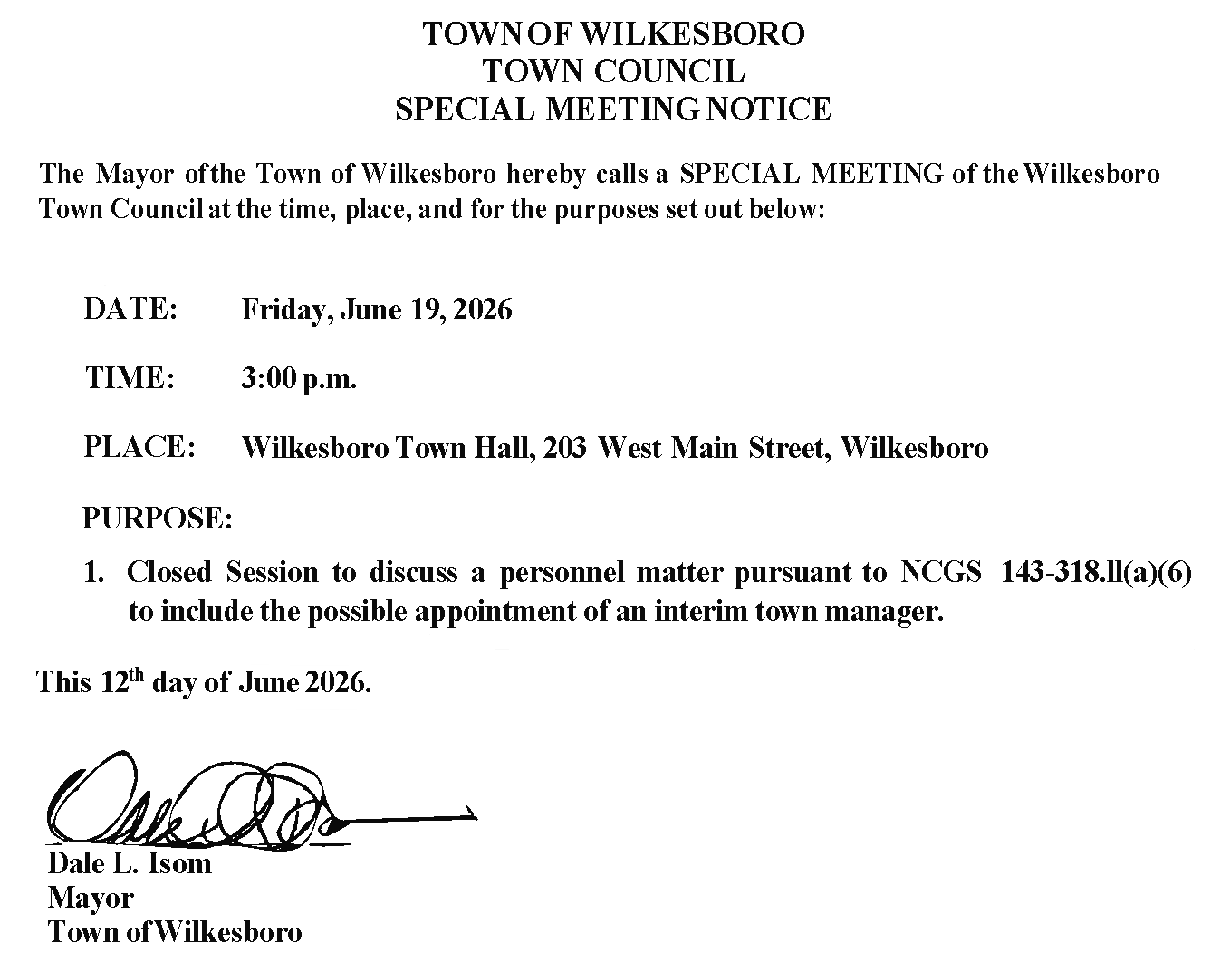 Special Town Council Meeting Notice 06 19 2026